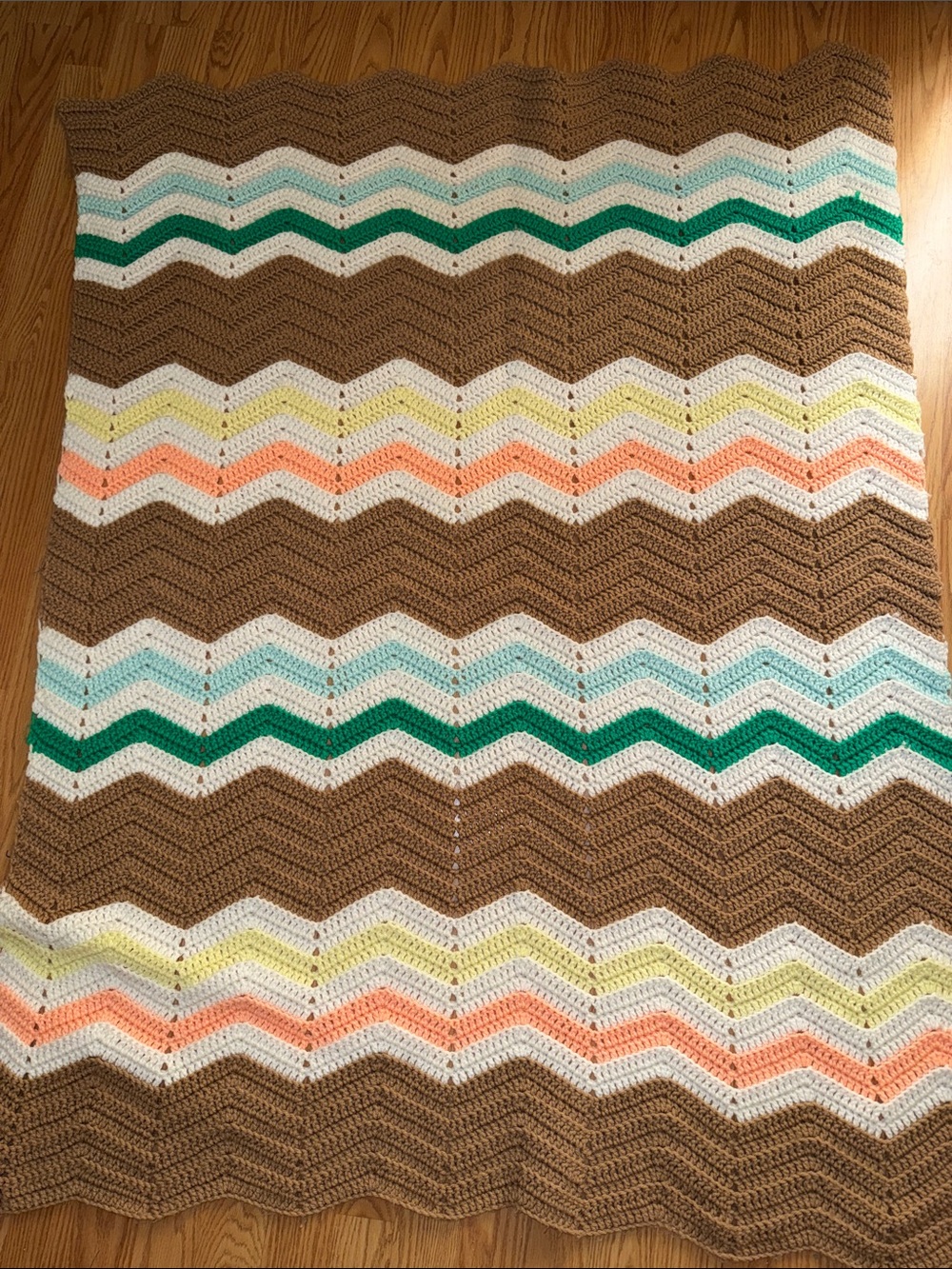 Chevron Crochet Throw Blanket in Brown, White, Mint, Teal & Peach